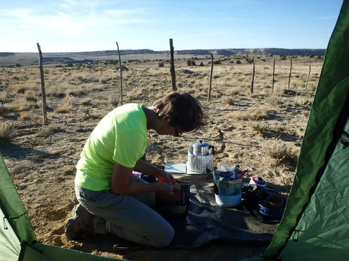 GDMBR: We set up camp about 10 feet from the Felipe-Tafoya Land Grant boundary fence.
